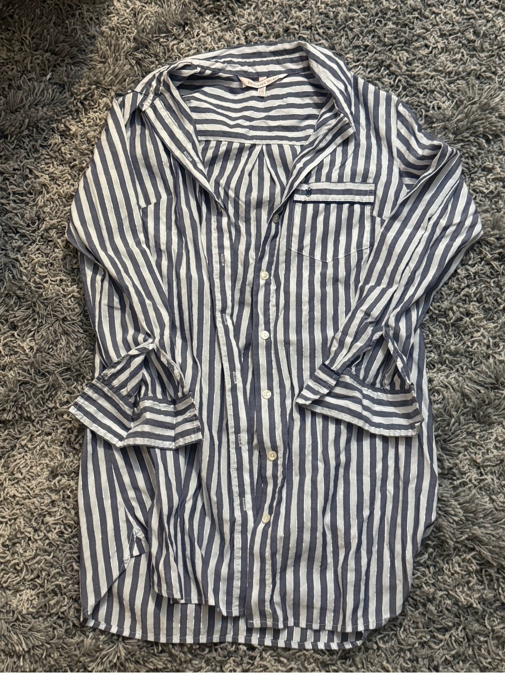 Victoria's Secret Navy and White Striped Button-Down Sleep Shirt